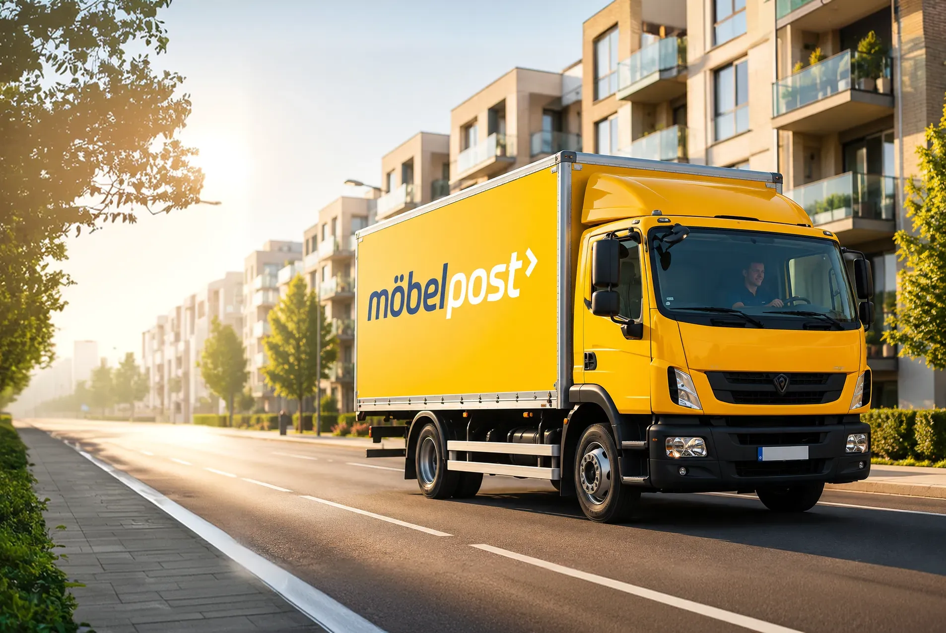 Gelber Möbelpost-LKW auf einer sonnigen Wohnstraße